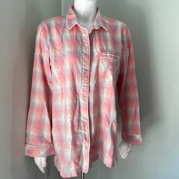 Victoria's Secret Pajama Shirt Top Pastel Metallic Plaid Button Front - Picture 1 of 6